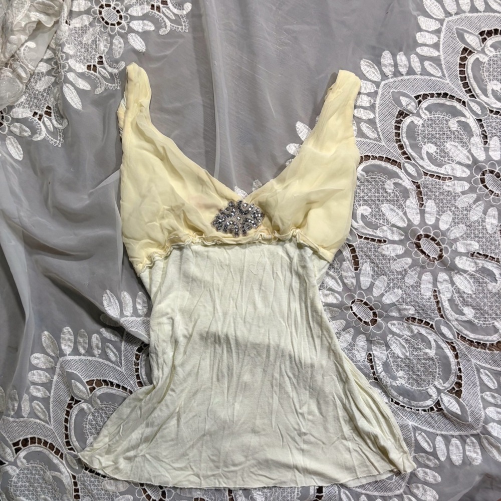 Y2K Babydoll Fairy Miss Chievous Pale Yellow Chiffon Embellished Empire Waist L
